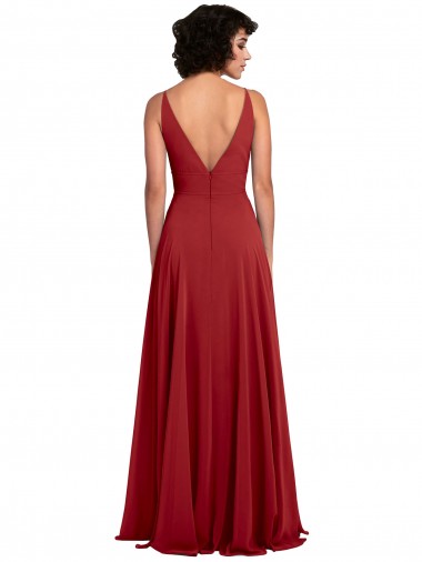 Fitted Plunging Deep V-Neck Long Chiffon Bridesmaid Dress with V-Back UK