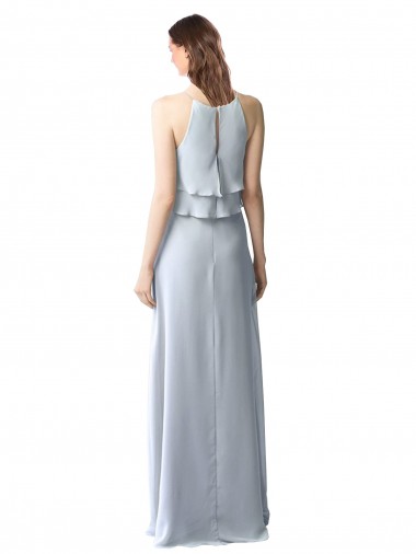High Narrow Neck Long Chiffon Bridesmaid Dress with Tiered Ruffles UK