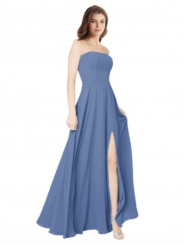 Strapless Long Chiffon Bridesmaid Dress with Front Slit UK