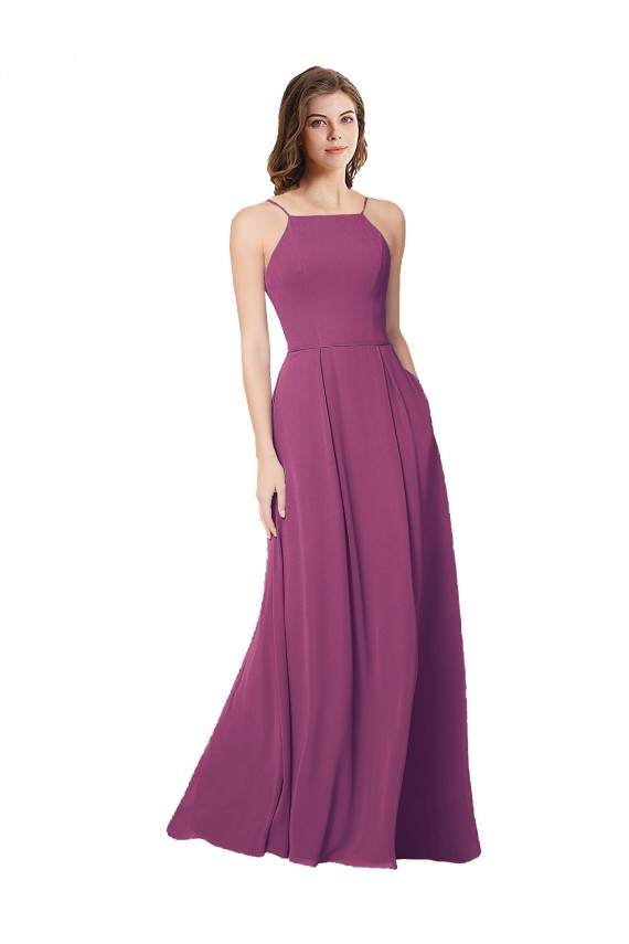 Halter Neck Long Pleated Chiffon Bridesmaid Dress with Pockets UK
