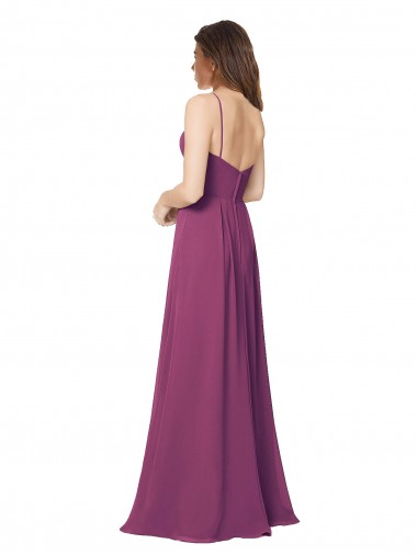 Halter Neck Long Pleated Chiffon Bridesmaid Dress with Pockets UK