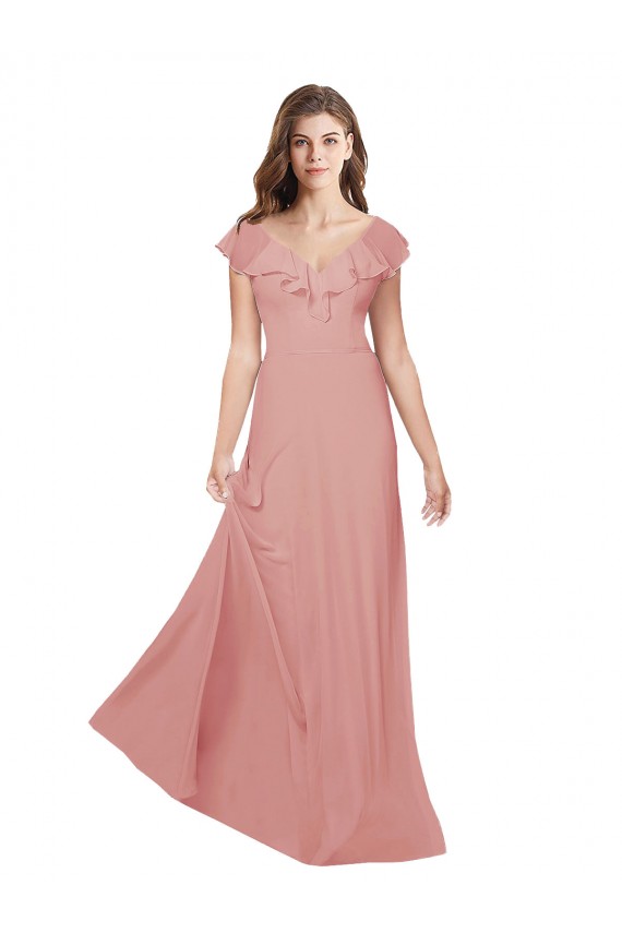 Flounced V Neckline Flutter Sleeves Chiffon Bridesmaid Dress UK
