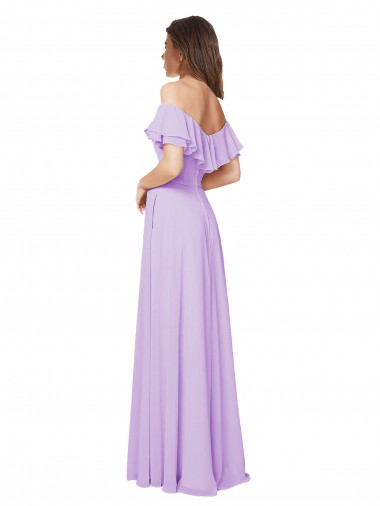 Ruffled Off the Shoulder Long Chiffon Bridesmaid Dress with Slit UK