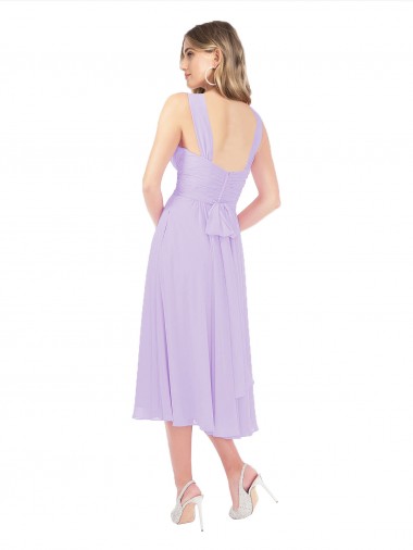 Draped Midi Length Chiffon Cocktail Bridesmaid Dress with Ruched Bodice UK