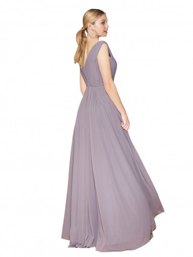 Draped Floor Length High Neck V-Back Chiffon Bridesmaid Dress / Formal Prom Dress with Shirred Bodice UK
