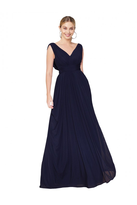 Draped Long V-Neck Floor Length Chiffon Bridesmaid Dress / Formal Prom Dress UK