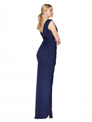 Draped V-Neck Long Chiffon Bridesmaid Dress / Formal Prom Dress with Front Slit UK