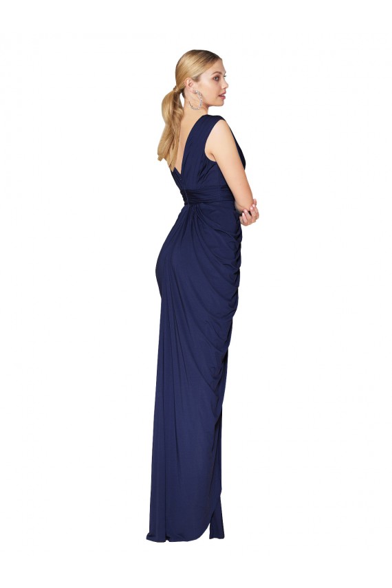 Draped V-Neck Long Chiffon Bridesmaid Dress / Formal Prom Dress with Front Slit UK