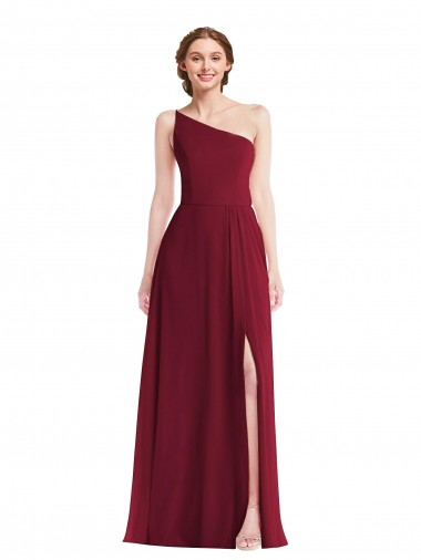 One Shoulder Chiffon Maxi Bridesmaid Dress with Shirred Front Slit UK