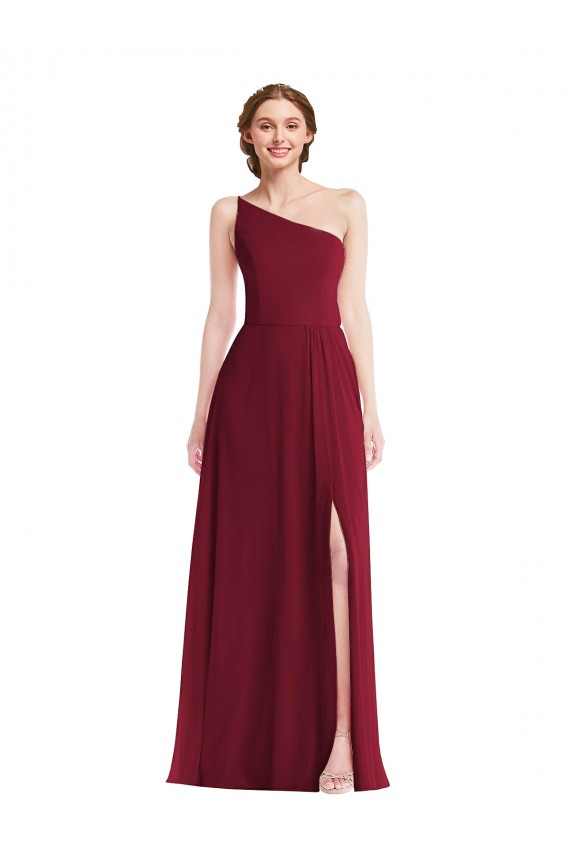 One Shoulder Chiffon Maxi Bridesmaid Dress with Shirred Front Slit UK