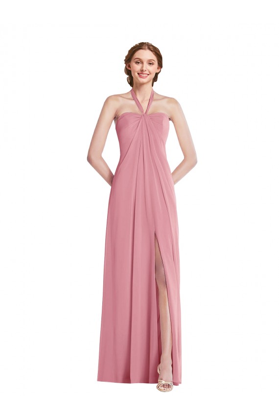 Draped Chiffon Grecian Column Bridesmaid Dress with Front Slit UK