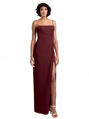 Sleek Straight Neckline Chiffon Bridesmaid Dress with Spaghetti Straps and High Side Slit UK