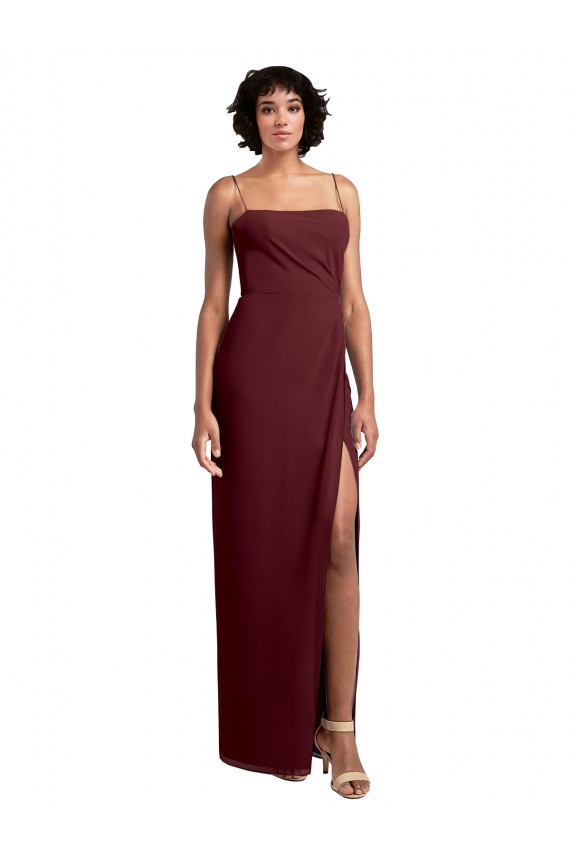 Sleek Straight Neckline Chiffon Bridesmaid Dress with Spaghetti Straps and High Side Slit UK