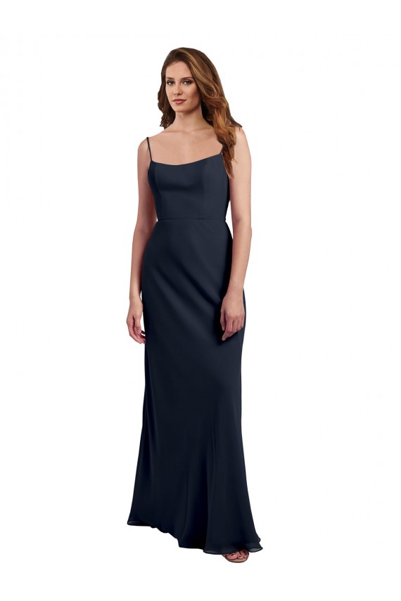 Scoop Neck Long Chiffon Open Back Bridesmaid Dress with Spaghetti Straps UK