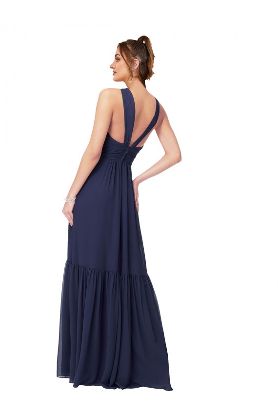 Floor Length Deep V-Neck Ruched Chiffon Long Bridesmaid Dress UK