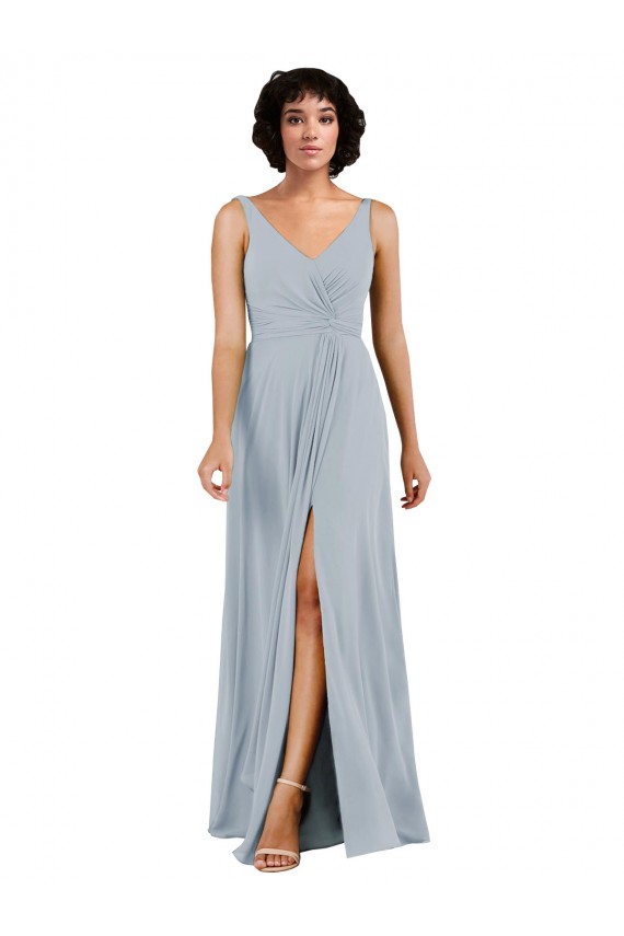 V-Neckline Wrapped Chiffon Bridesmaid Dress with Skirt Slit UK
