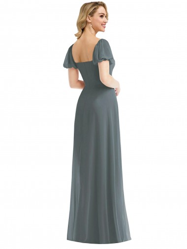 Puff Sleeves Chiffon Maxi Bridesmaid Dress with Front Slit UK