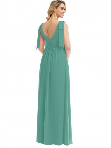 Plunge Neckline Bow Shoulder Chiffon Maxi Bridesmaid Dress UK