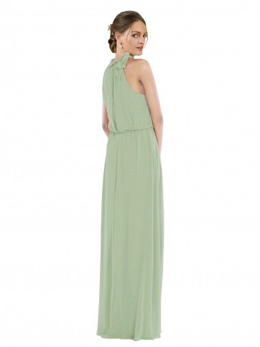 High Neck Scarf Tie Blouson Bodice Maxi Bridesmaid Dress with Front Slit UK