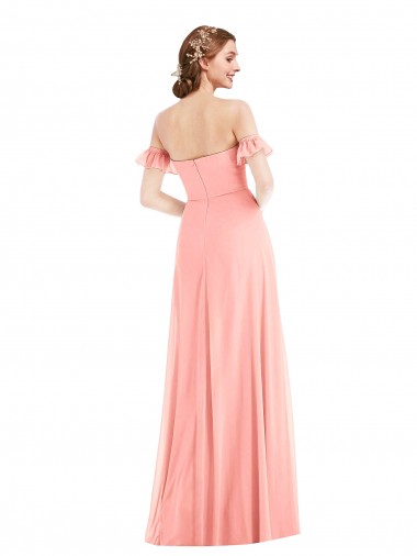 Off the Shoulder Ruffle Cuff Sleeve Chiffon Maxi Bridesmaid Dress UK