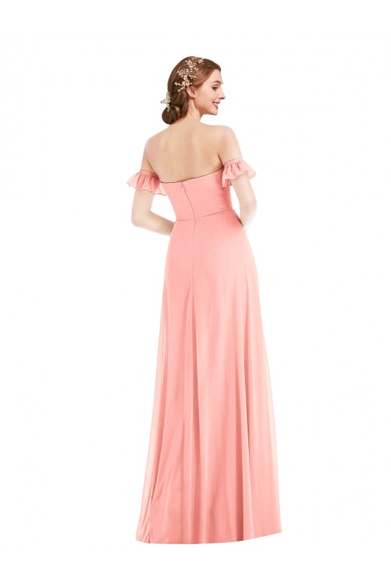 Off the Shoulder Ruffle Cuff Sleeve Chiffon Maxi Bridesmaid Dress UK
