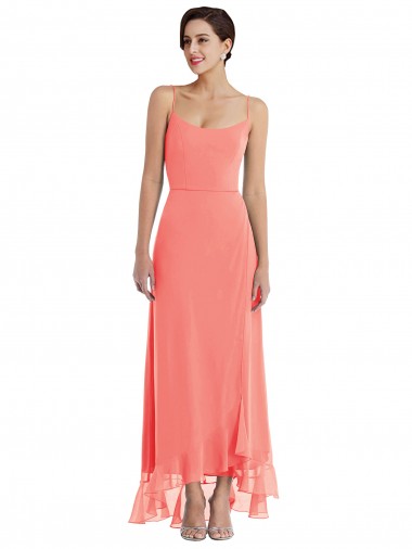 Scoop Neck Ruffle Trimmed High Low Maxi Bridesmaid Dress UK