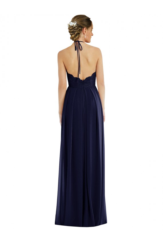 Tie Neck Lace Halter Pleated Skirt Maxi Bridesmaid Dress UK