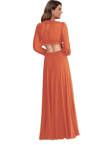 High Low Ruffled Long Chiffon Cutout Bishop Sleeves Maxi Bridesmaid Dress UK