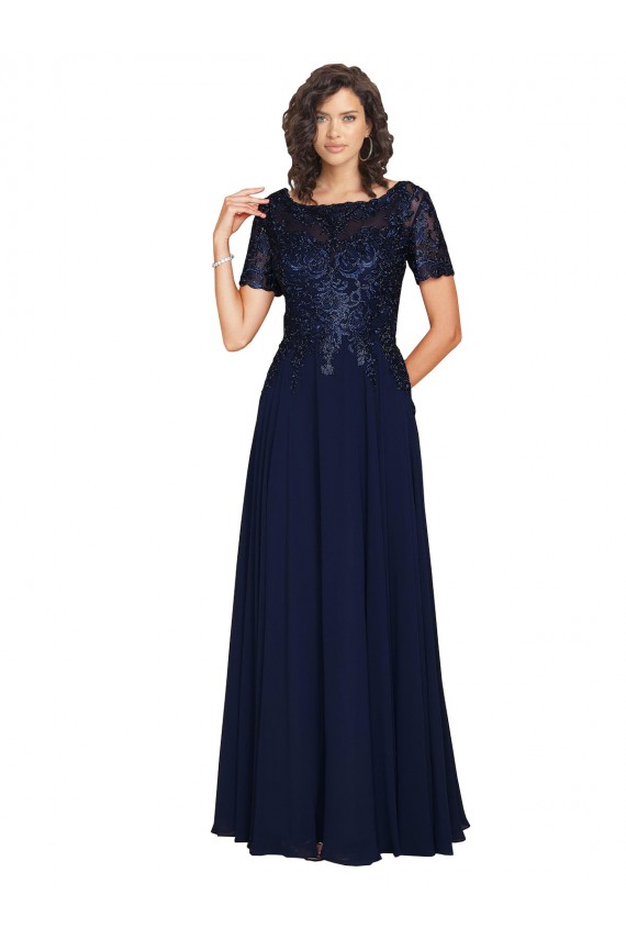 Short Sleeves A-Line Long Chiffon Bridesmaid Dress / Prom Dress with Beaded Bodice UK