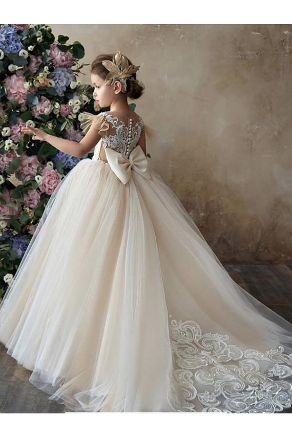 Champagne Ball Gown Sweetheart Chapel Train Sleeveless Flower Girl Dress UK