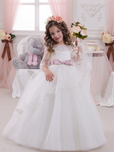 Ivory Ball Gown Bateau Neck Long Chapel Train Sleeveless Flower Girl Dress UK