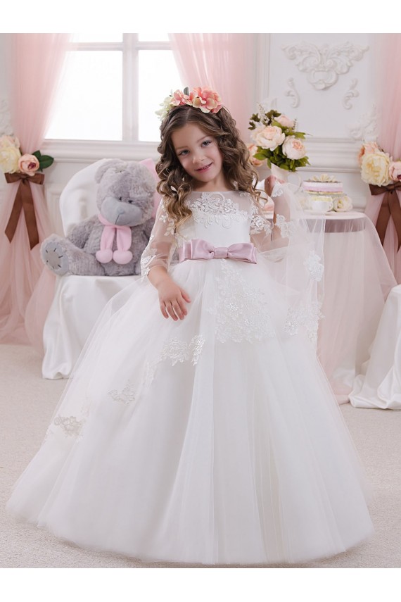 Ivory Ball Gown Bateau Neck Long Chapel Train Sleeveless Flower Girl Dress UK