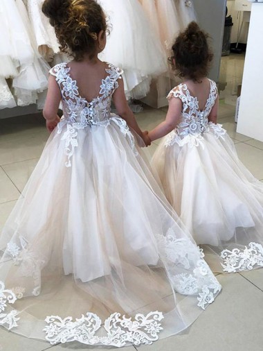 Ivory Ball Gown Chapel Train Sleeveless V-Back Flower Girl Dress UK