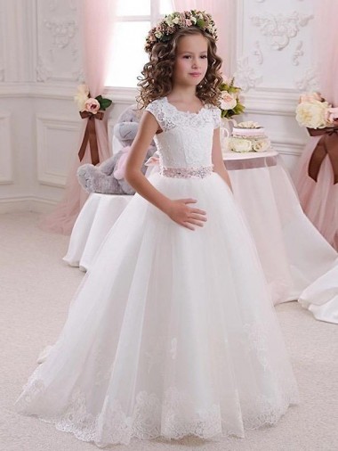 Ivory Ball Gown High Neck Floor Length Keyhole Back Flower Girl Dress UK