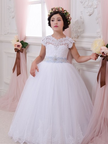 Ivory Ball Gown Sweetheart Chapel Train Cap Sleeve Flower Girl Dress UK