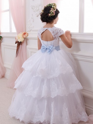 Ivory Ball Gown Sweetheart Chapel Train Cap Sleeve Flower Girl Dress UK