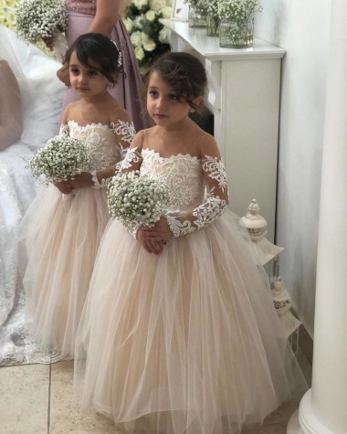 Ivory Ball Gown Sweetheart Chapel Train Long Sleeve Flower Girl Dress UK