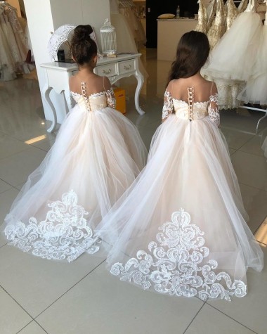 Ivory Ball Gown Sweetheart Chapel Train Long Sleeve Flower Girl Dress UK