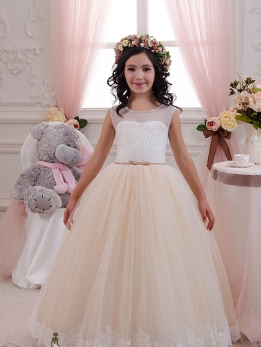 Ivory & Champagne Ball Gown Sweetheart Floor Length Sleeveless Flower Girl Dress UK