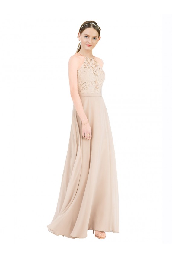 High Halter Neck Illusion Lace Bridesmaid Dress / Prom Dress with Chiffon Skirt and Keyhole Back UK