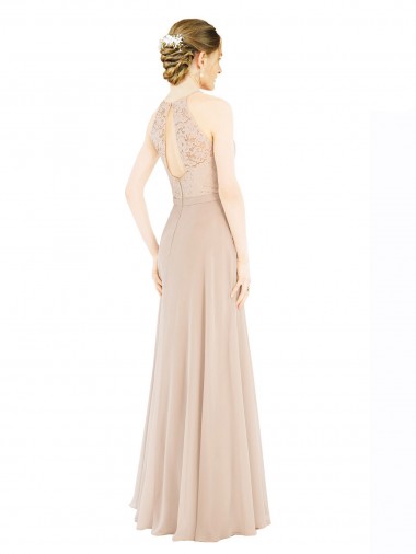 High Halter Neck Illusion Lace Bridesmaid Dress / Prom Dress with Chiffon Skirt and Keyhole Back UK
