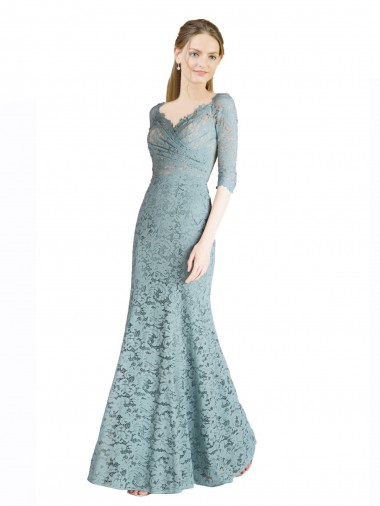 Half Sleeves Pleated Lace Bridesmaid Dress / Prom Dress with Wrap-Around Portrait Neckline UK