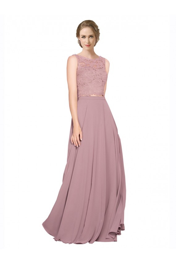 Long A-Line Chiffon Bridesmaid Dress / Prom Dress with Sleeveless Lace Crop Top UK