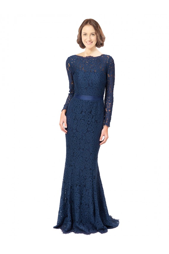 Long Sleeves Floor Length Vintage Lace Bridesmaid Dress with Deep V-Back UK