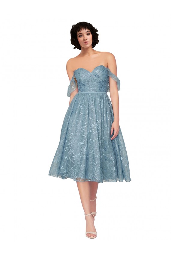 Off the Shoulder Sweetheart Chantilly Lace Midi Length Cocktail Bridesmaid Dress UK