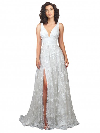 Plunging V-Neckline Wedding Dress with Slit UK