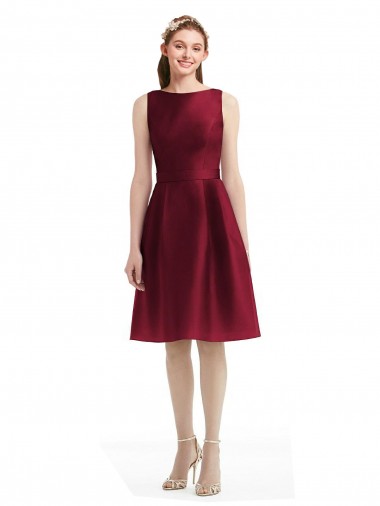 Short Midi Length Satin Cocktail Bridesmaid Dress with Bateau Neckline and V-Back UK