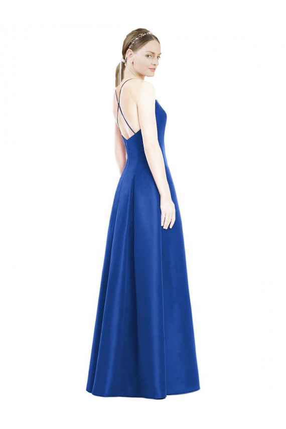Full Pleated V-Neck Long Satin Bridesmaid Dress with Criss Cross Open Back UK