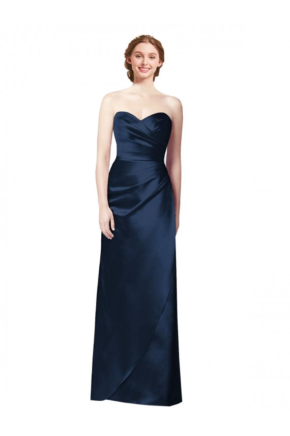 Faux Wrap A-Line Long Satin Bridesmaid Dress with Draped Bodice UK