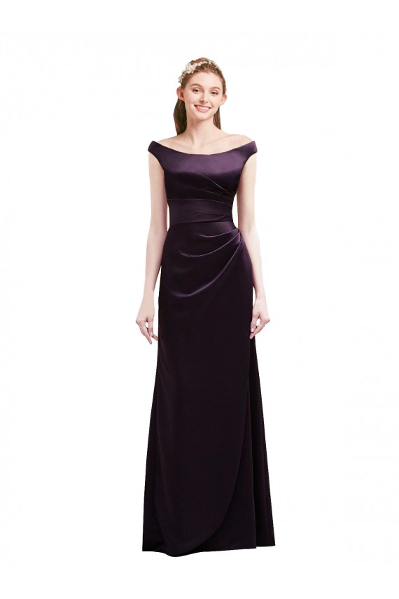 Off The Shoulder Long Satin Bridesmaid Dress with Asymmetrical Pleated Bodice UK